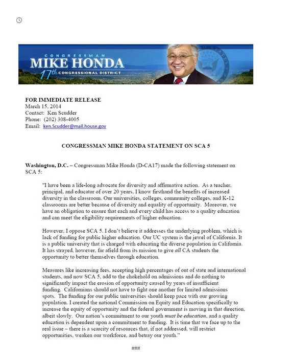 Mike Honda正式声明反对SCA5